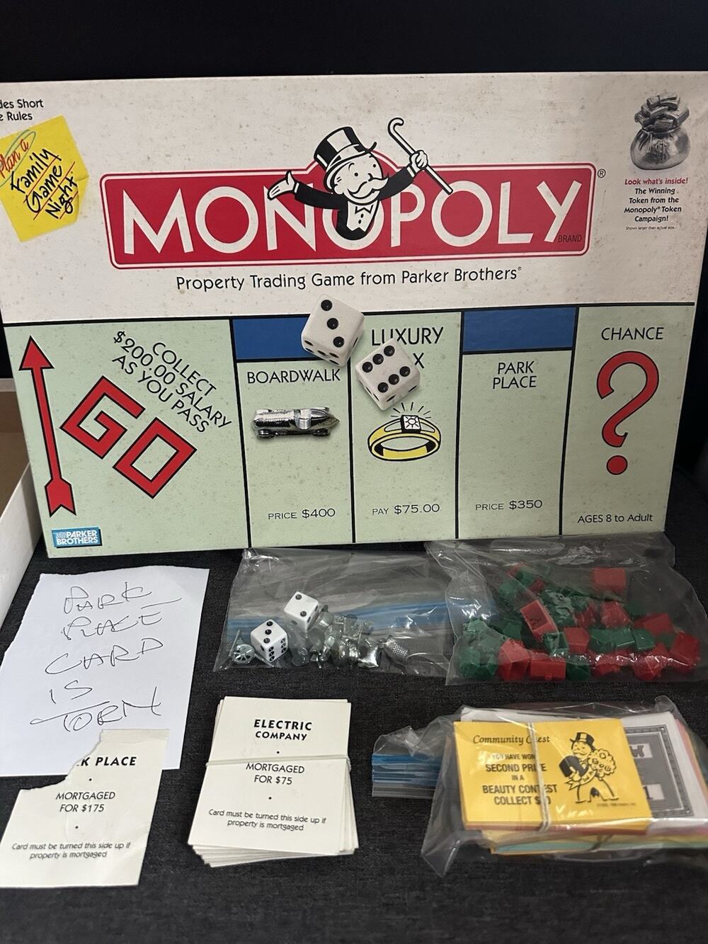 1999 Monopoly Complete Board Game Winning Money Bag Token Parker Brothers
